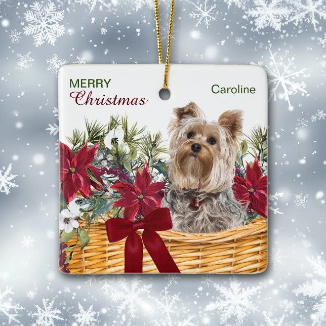 Poinsettia Yorkie Terrier Christmas Basket Ceramic Ornament (Creator Uploaded)