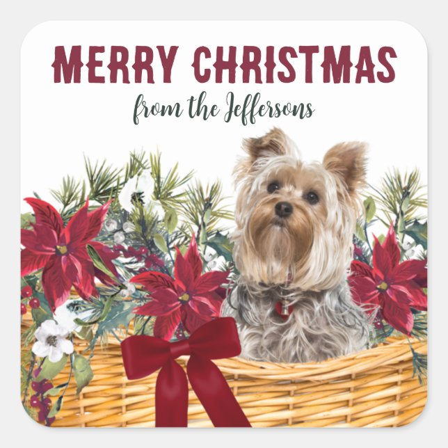Poinsettia Yorkshire Terrier Christmas Basket Square Sticker (Front)
