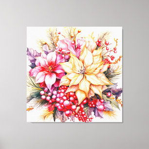 Poinsettias and Christmas Holly Canvas Print