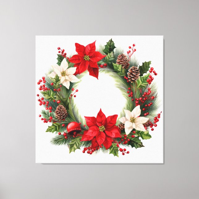 Poinsettias and Holly Christmas Wreath  Canvas Print (Front)