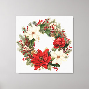 Poinsettias and Holly Christmas Wreath Canvas Print