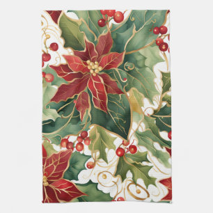 poinsettias and holly kitchen towel