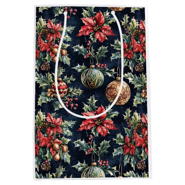 Poinsettias and Ornaments Medium Gift Bag (Front)
