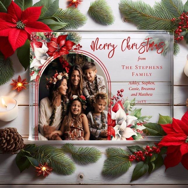 Poinsettias and Pine Arched Photo Merry Christmas  Acrylic Invitations (Elegant Poinsettias, Holly and Berries Arched Photo "Merry Christmas" Acrylic Family Greeting Card)