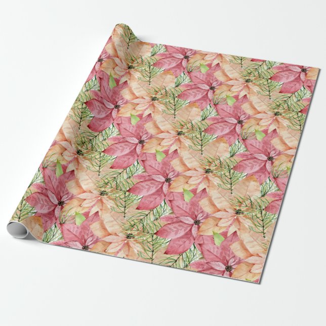 Poinsettias and Pine Needles Wrapping Paper (Unrolled)