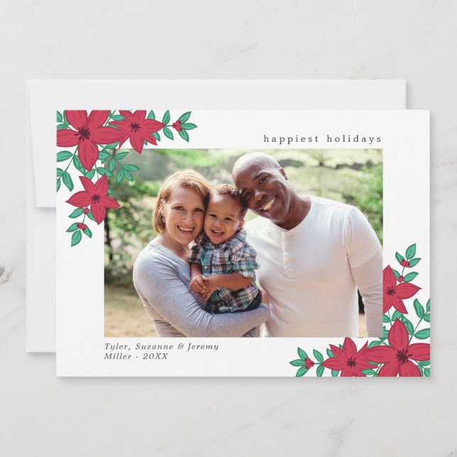 Poinsettias & Berries Happy Holidays Photo Holiday Card (Front)