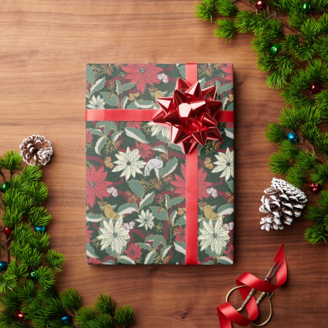 Poinsettias Birds and Ribbons-dark green Wrapping Paper (Holiday Gift)