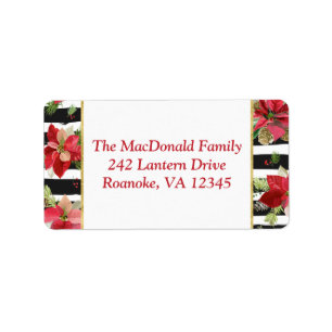 Poinsettias, Black, White Stripes Address Label 2