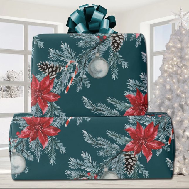 Poinsettias Christmas Blue Spruce Garland Teal Wrapping Paper (Creator Uploaded)