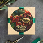 Poinsettias Christmas Holiday Classic Round Sticker<br><div class="desc">An elegant design of Christmas red and gold poinsettias and leaves is featured on these round stickers personalised with your name and Merry Christmas in chic lettering. MATCHING items in our collection.</div>