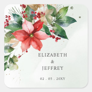 Poinsettias Floral Winter Christmas Wreath Wedding Square Sticker