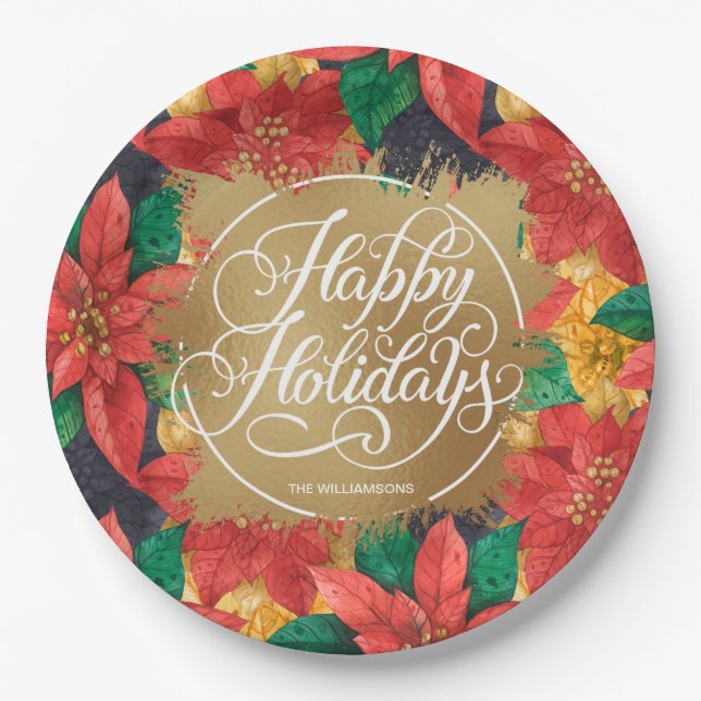 Poinsettias Gold Faux Foil Happy Holidays Paper Plate (Front)