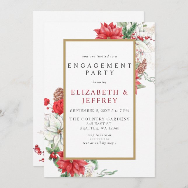 Poinsettias Gold Holly Christmas Engagement Party  Invitation (Front/Back)