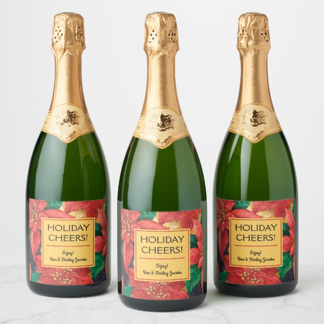 Poinsettias Holiday Christmas Floral Sparkling Wine Label (Bottles)