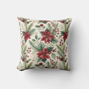 Poinsettias Holly Cedar and Berries Christmas Cushion
