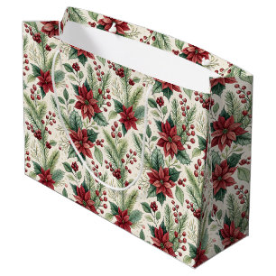 Poinsettias Holly Cedar and Berries Christmas Large Gift Bag