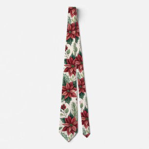 Poinsettias Holly Cedar and Berries Christmas Tie