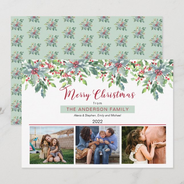 Poinsettias Holly Greenery Merry Christmas 3 Photo Holiday Card (Front/Back)