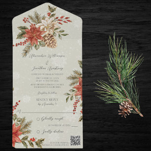 Poinsettias & Holly on Snowy Sage QR Code  All In One Invitation