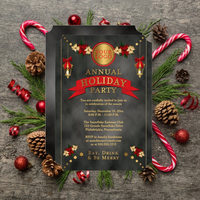 Poinsettias | Lanterns Corporate Holiday Party Invitation (Poinsettias Lanterns Corporate Holiday Party Invitation)