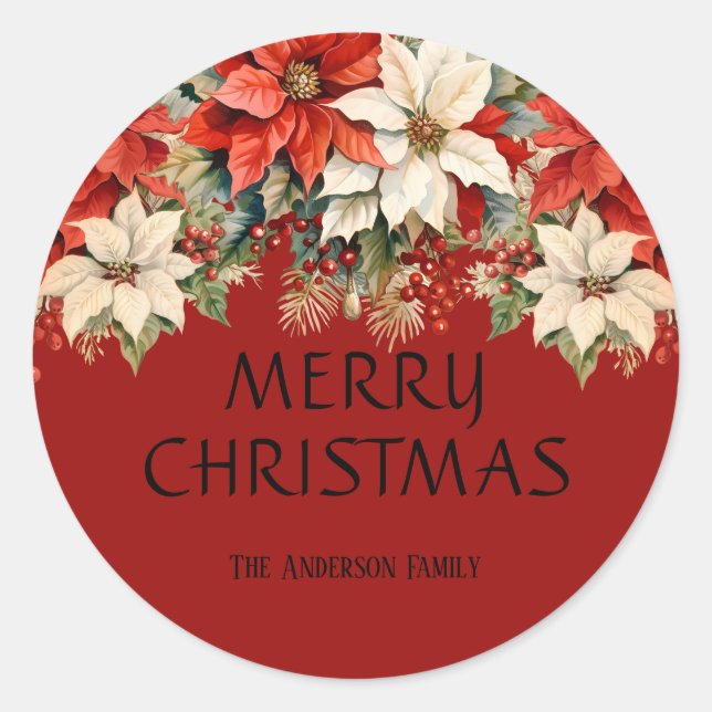 Poinsettias Merry Christmas  Classic Round Sticker (Front)
