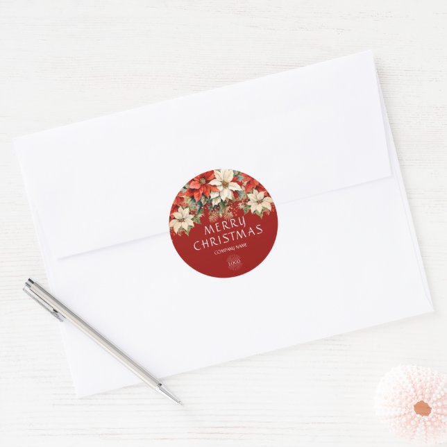 Poinsettias Merry Christmas Corporate Logo  Classic Round Sticker (Envelope)