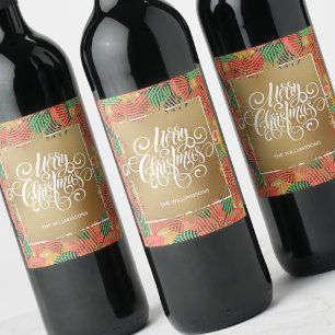 Poinsettias Merry Christmas on Gold Wine Label