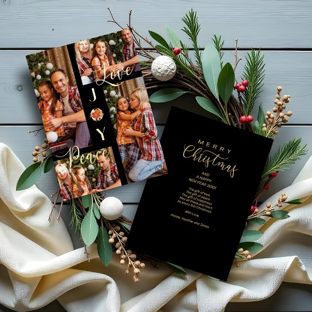 Poinsettias Minimalist Modern 4 Photos Collage (Poinsettias Minimalist Modern 4 Photos Collage Christmas Metallic Foil Holidays Cards.)