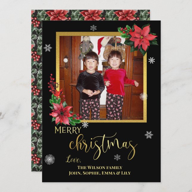 Poinsettias on Black With Gold Foil and Snowflakes Holiday Card (Front/Back)
