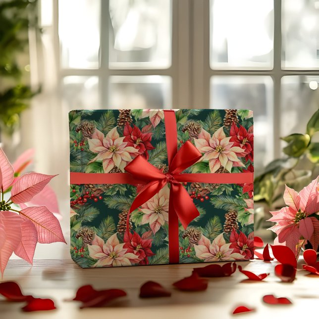 Poinsettias Pine And Pinecones Christmas Holiday Wrapping Paper (Elegant Nostalgic Watercolor Poinsettias, Pine and Pinecones Christmas Holiday Wrapping Paper)