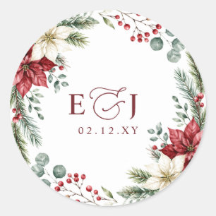 Poinsettias Pinecones Botanical Christmas Wedding Classic Round Sticker