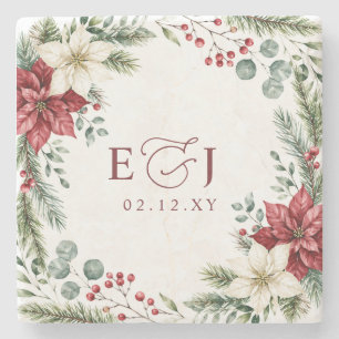 Poinsettias Pinecones Botanical Christmas Wedding Stone Coaster