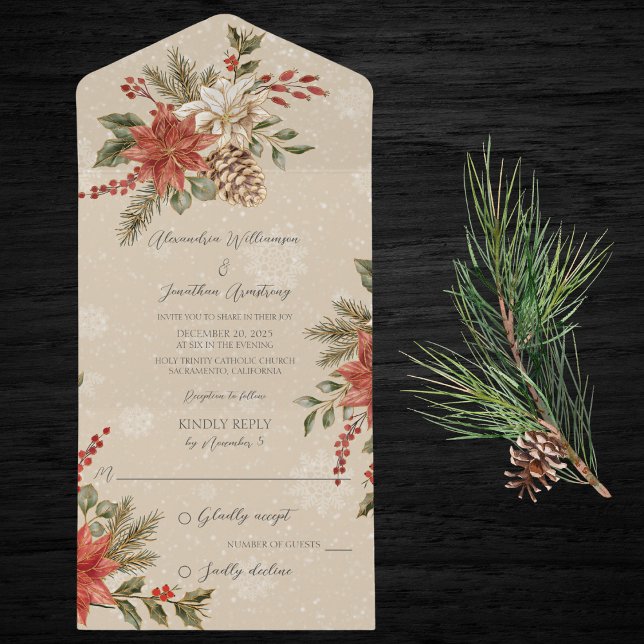 Poinsettias with Holly on Snowy Beige All In One Invitation (Also available with QR code. )