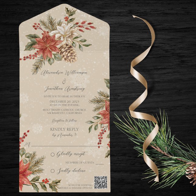Poinsettias with Holly on Snowy Beige QR Code  All In One Invitation (Creator Uploaded)