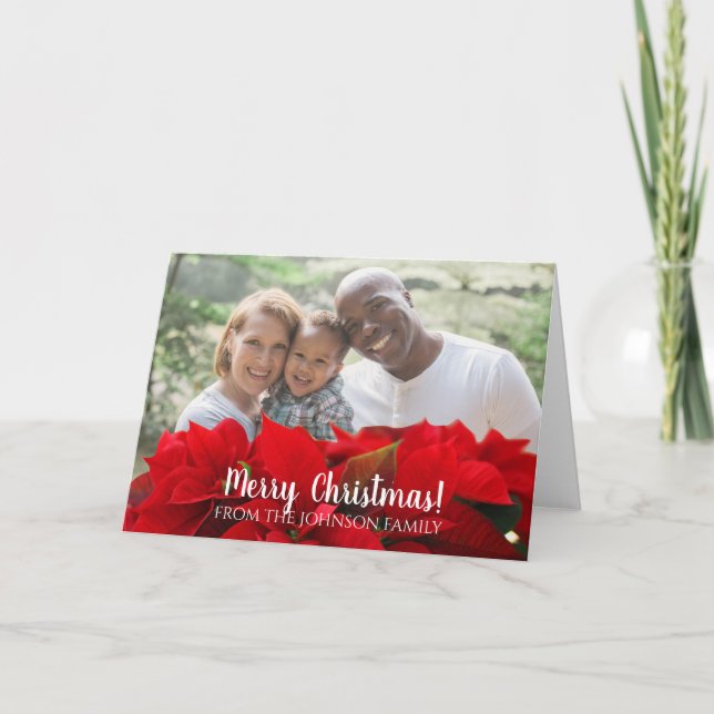 Poinsietta Red Personalised Family Christmas Card (Front)