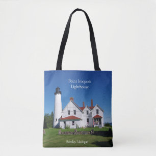 Point Iroquois Lighthouse all over tote bag