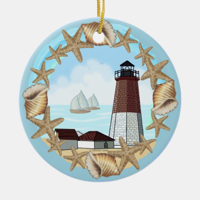 Point Judith lighthouse Ceramic Tree Decoration (Front)