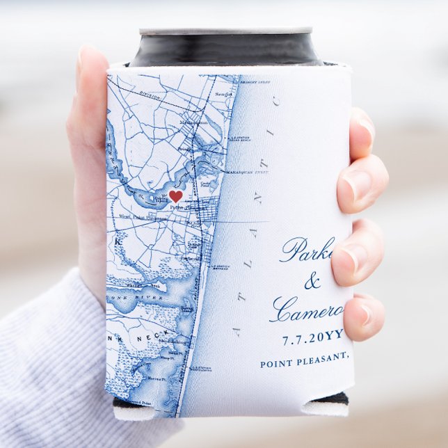 Point Pleasant NJ Wedding Favour Navy Blue Drink Can Cooler (Point Pleasant New Jersey Can Coozie Wedding Favor in elegant navy blue from Coastal Map Designs)