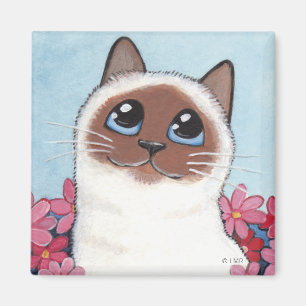 Pointed Birman Cat & Flowers - Cat Art Magnet