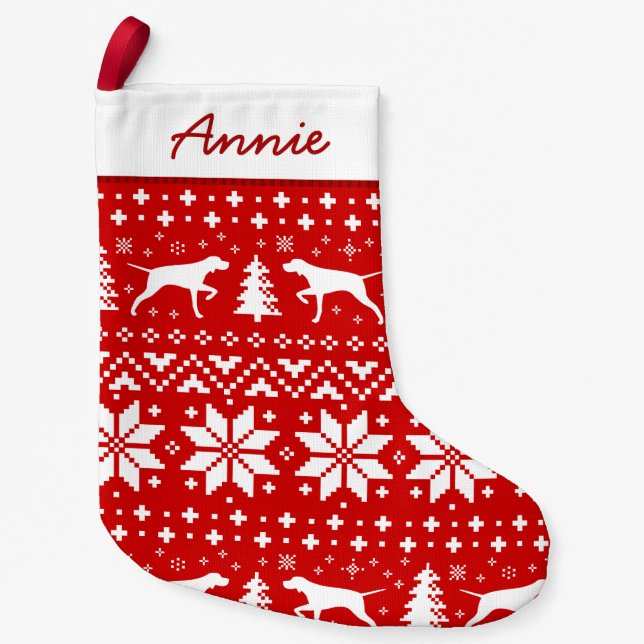 Pointer Dog Silhouettes Pattern Red and White Cute Small Christmas Stocking (Front)