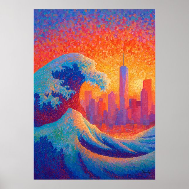 Pointillism Ocean Wave New York Skyline Poster (Front)