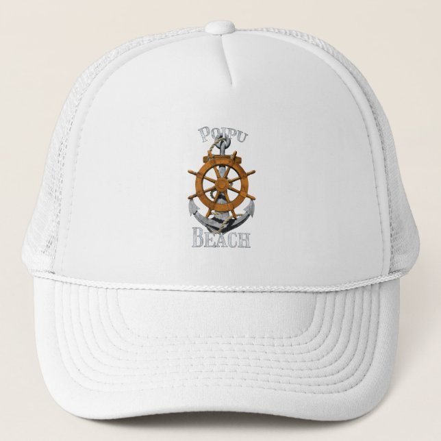 Poipu Beach Hawaii Vacation Nautical Anchor Helm S Trucker Hat (Front)