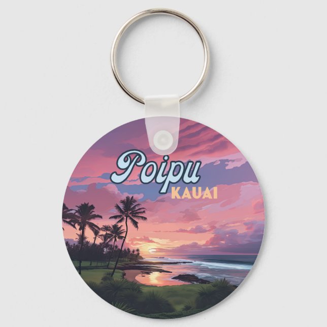 Poipu Kauai Hawaii Beach Palm Trees Retro Key Ring (Front)