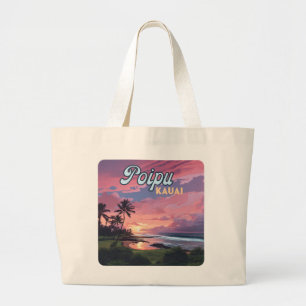 Poipu Kauai Hawaii Beach Palm Trees Retro Large Tote Bag