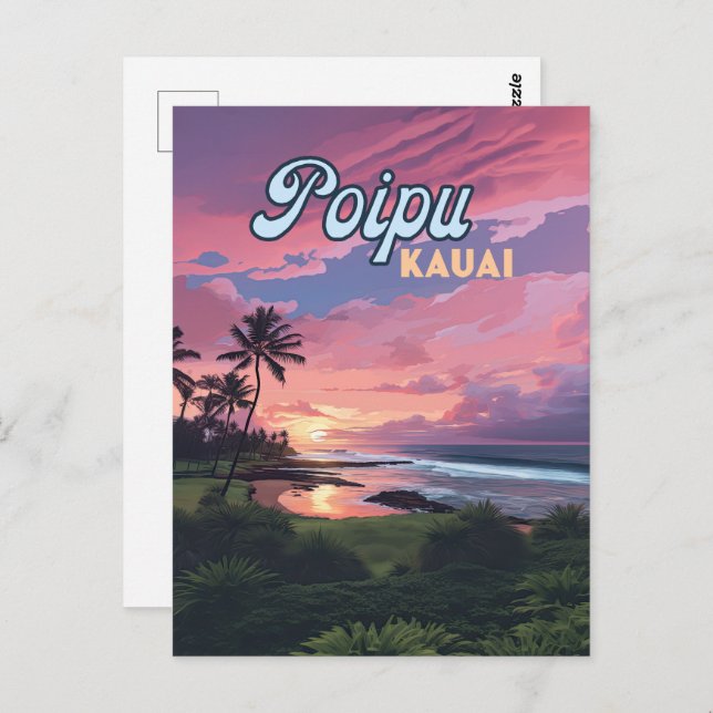 Poipu Kauai Hawaii Beach Palm Trees Retro Postcard (Front/Back)