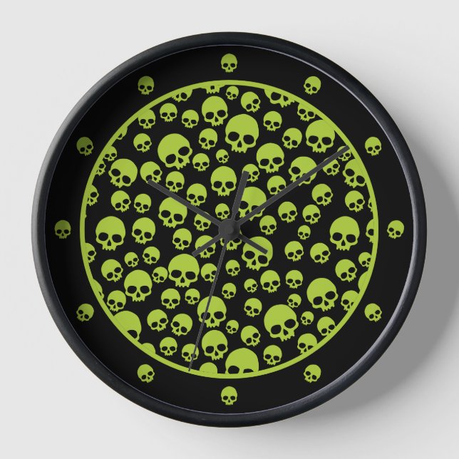 Poison Green Random Skull Pattern Large Clock (Front)