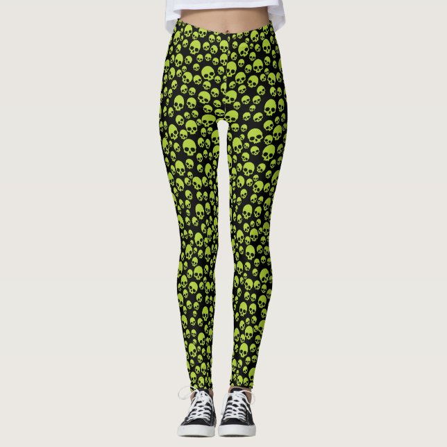 Poison Green Random Skulls Pattern Leggings (Front)