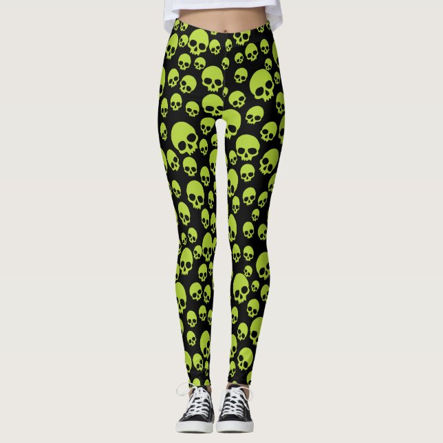 Poison Green Random Skulls Pattern Leggings (Front)