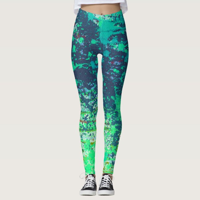 Poison Sky Abstract, Blue Green Splatter Paint Leggings (Front)