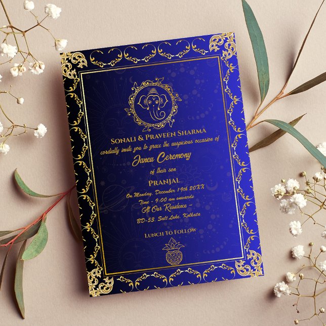 Poite Janeu Upanayanam Hindu Holy Thread Blue Gold Invitation (Creator Uploaded)